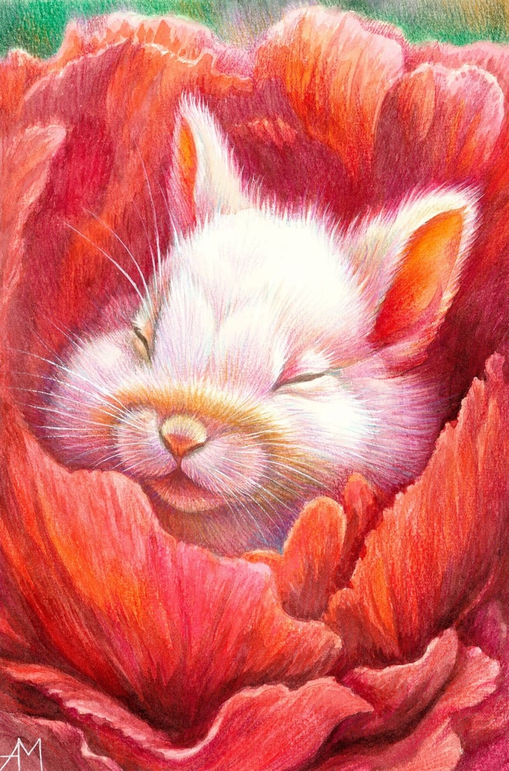 Anastasia Molodchikova (Ukraine,20/21C) watercolor painting: ARTIST: Anastasia Molodchikova (Ukraine, 20/21 centuries) TITLE: White Bunny in Flower MEDIUM: watercolor on heavy paper CONDITION: Very good. ART SIZE: