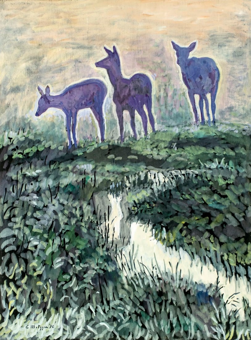 Evelyn Metzger (NY,Brazil,1911-2007) oil painting: ARTIST: Evelyn Borchard Metzger (New York, Brazilian, 1911 - 2007) TITLE: Animals in Fog (titled on verso) YEAR: 1996 MEDIUM: oil on board CONDITION: F