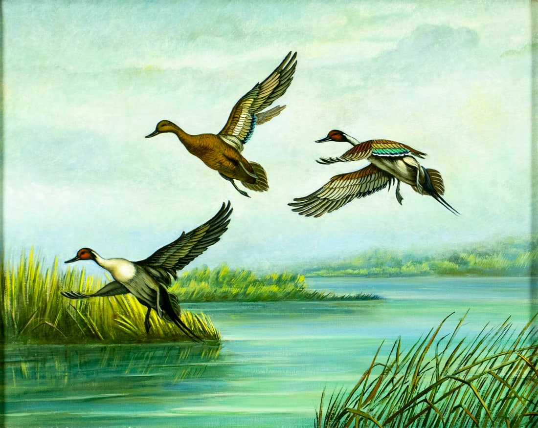 Adolfo Tagliaferri (Italy,20C) oil painting: ARTIST: Adolfo Tagliaferri (Italian, 20 century) TITLE: Ducks in Flight MEDIUM: oil on canvas CONDITION: Overall good. No visible inpaint under UV light. Wear to frame. <