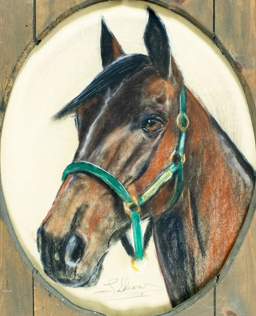 Shearer (US,20C) pastel painting: ARTIST: Shearer (American, 20 century) TITLE: Horse - Miklous Tornado YEAR: 1978 MEDIUM: pastel on paper CONDITION: Minor age toning. Wear to frame. <