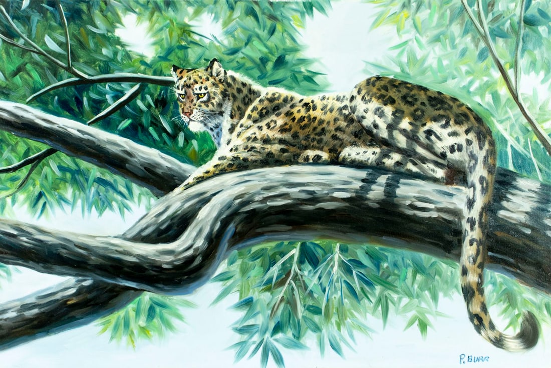 P Burr (US,20C) oil painting: ARTIST: P Burr (American, 20 century) TITLE: Leopard MEDIUM: oil on canvas CONDITION: One pinhole puncture by the upper egde. Few scratches/paint losses. No visible inpaint