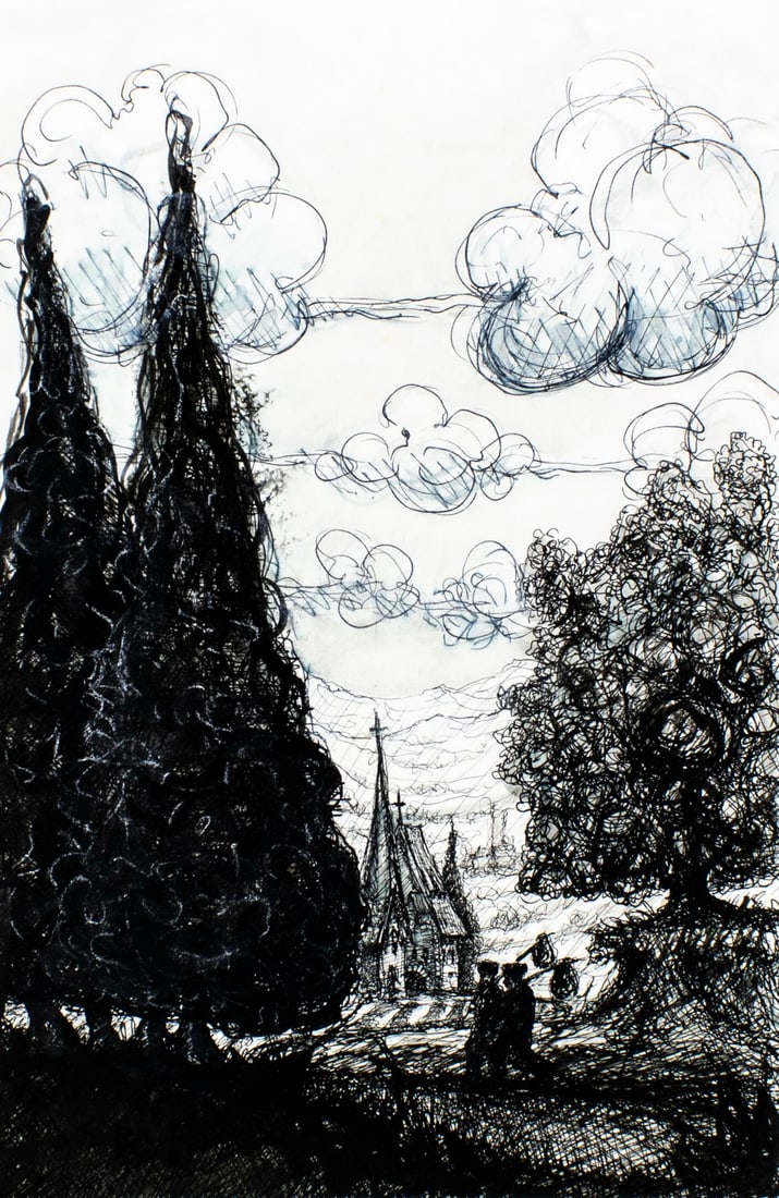 Bruce Waldman (NY,b 1949) ink painting: ARTIST: Bruce Waldman (New York, born 1949) TITLE: Leonce and Lena MEDIUM: ink on board CONDITION: Minor damages to corners. Some foxing. ART SIZE: 15 x