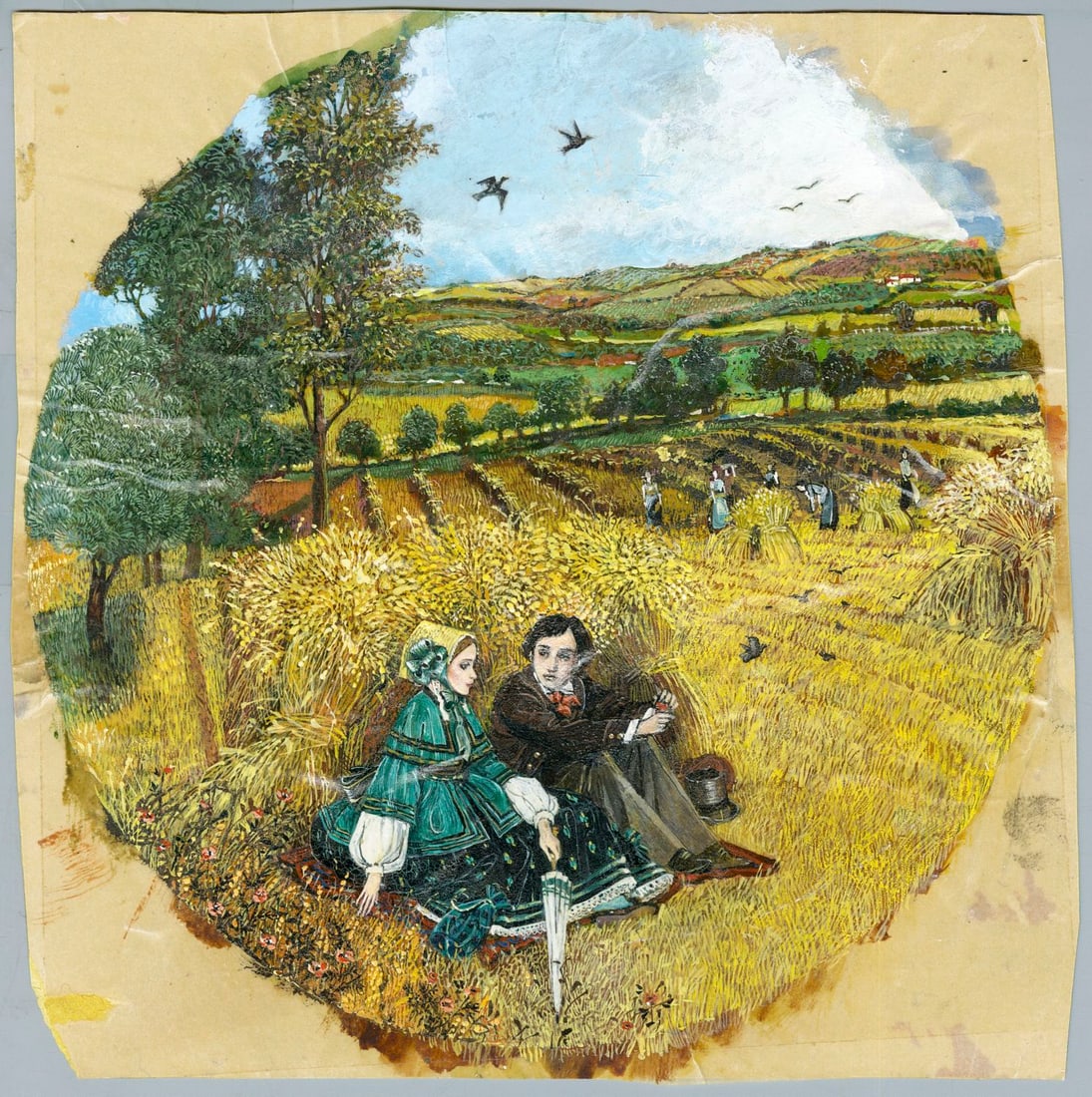 John Speirs (UK,US,1942-2022) oil painting: ARTIST: John Speirs (United Kingdom, American, 1942 - 2022) TITLE: Poetry of Love - Countryside Scene YEAR: 1982 MEDIUM: oil on paper CONDITION: Some c