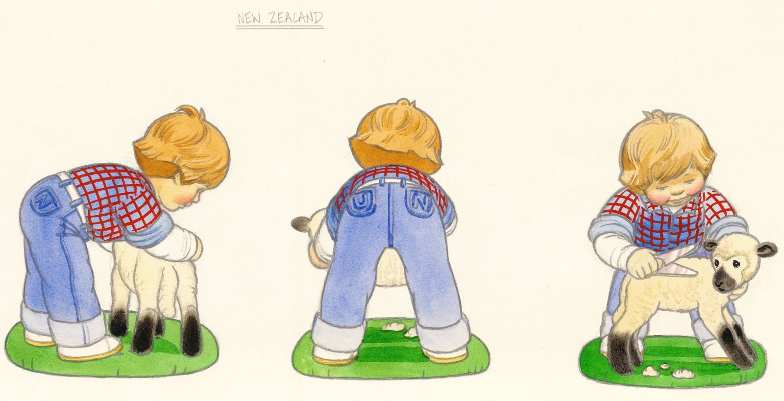 Carol Lawson (UK,20/21C) watercolor painting: ARTIST: Carol Lawson (United Kingdom, 20/21 centuries) TITLE: UN Children - New Zeland YEAR: circa 1983 MEDIUM: watercolor on board CONDITION: Some small