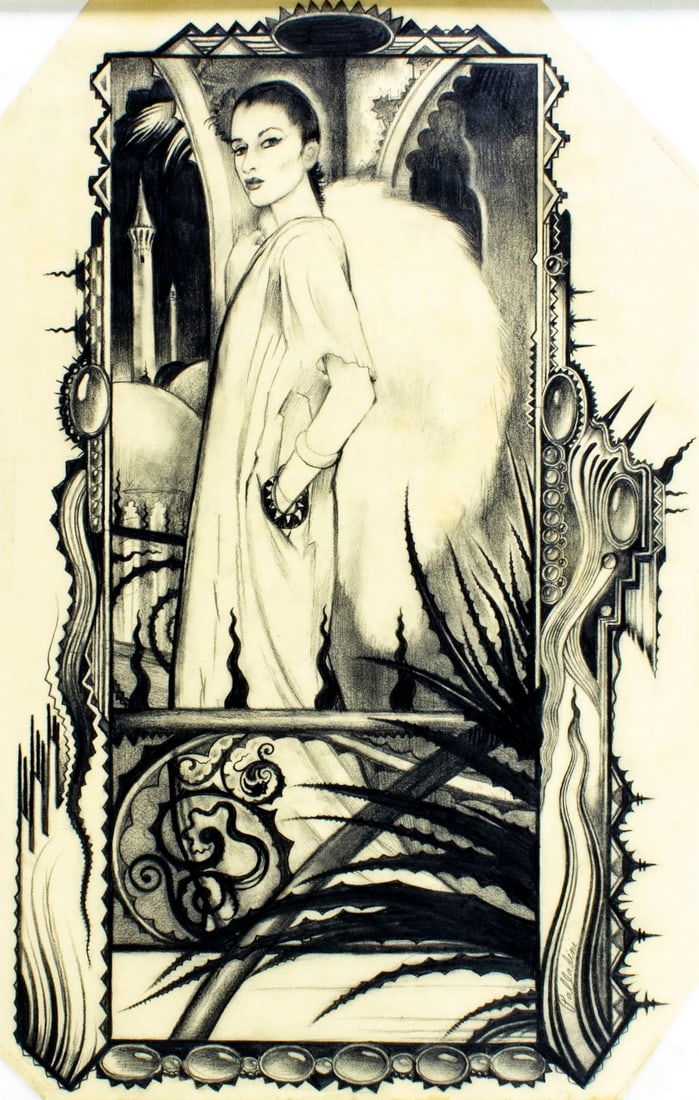 David Mario Palladini (NY,b 1946) graphite painting: ARTIST: David Mario Palladini (New York, born 1946) TITLE: Justine (titled on verso) YEAR: 1980 MEDIUM: graphite on paper. Paper applied to board. CONDITION: