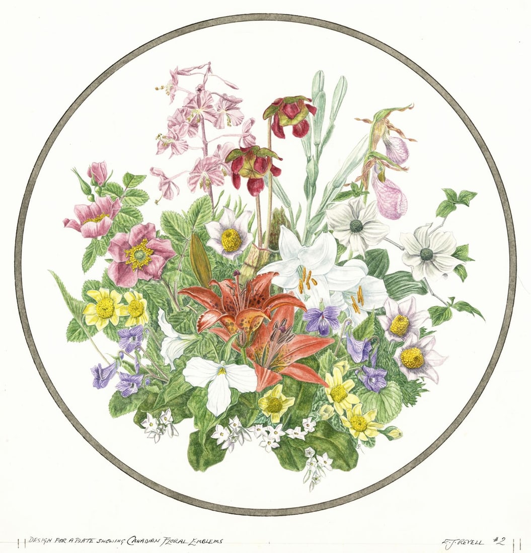 Ernest John Revell (Canada,1934-2017) watercolor painting: ARTIST: Ernest John Revell (Canadian, 1934 - 2017) TITLE: Floral Still Life - Design for Plate MEDIUM: watercolor on heavy paper CONDITION: Overall good. ART SI
