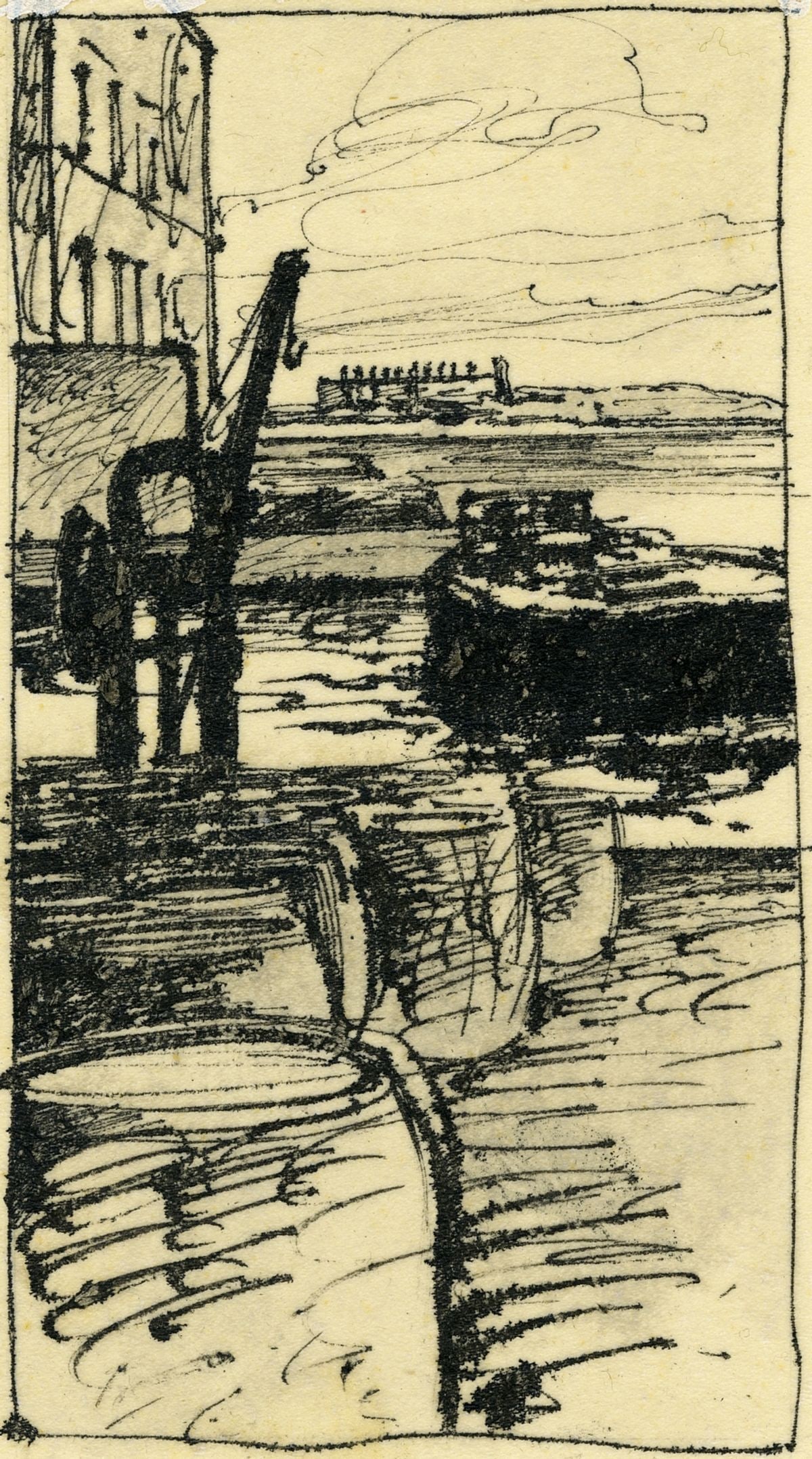 Allan Mardon (NY,AZ,Canada,1931-2020) ink painting: ARTIST: Allan Mardon (New York, Arizona, Canadian, 1931 - 2020) TITLE: Harbor Scene YEAR: 1979 MEDIUM: ink on paper. Paper applied to board. CONDITION: