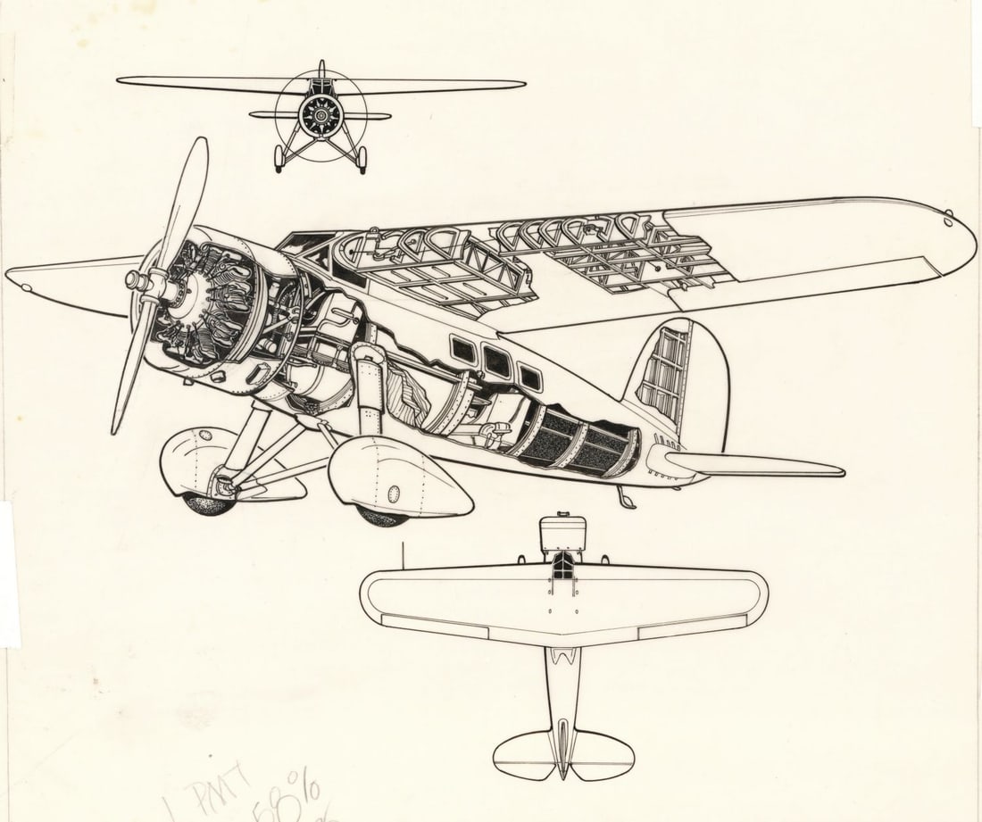 John Batchelor (UK,1936-2019) ink painting: ARTIST: John Henry Batchelor (United Kingdom, 1936 - 2019) TITLE: Lockheed Vega Plane (titled on verso) YEAR: 1985 MEDIUM: ink on paper. Paper applied to board.