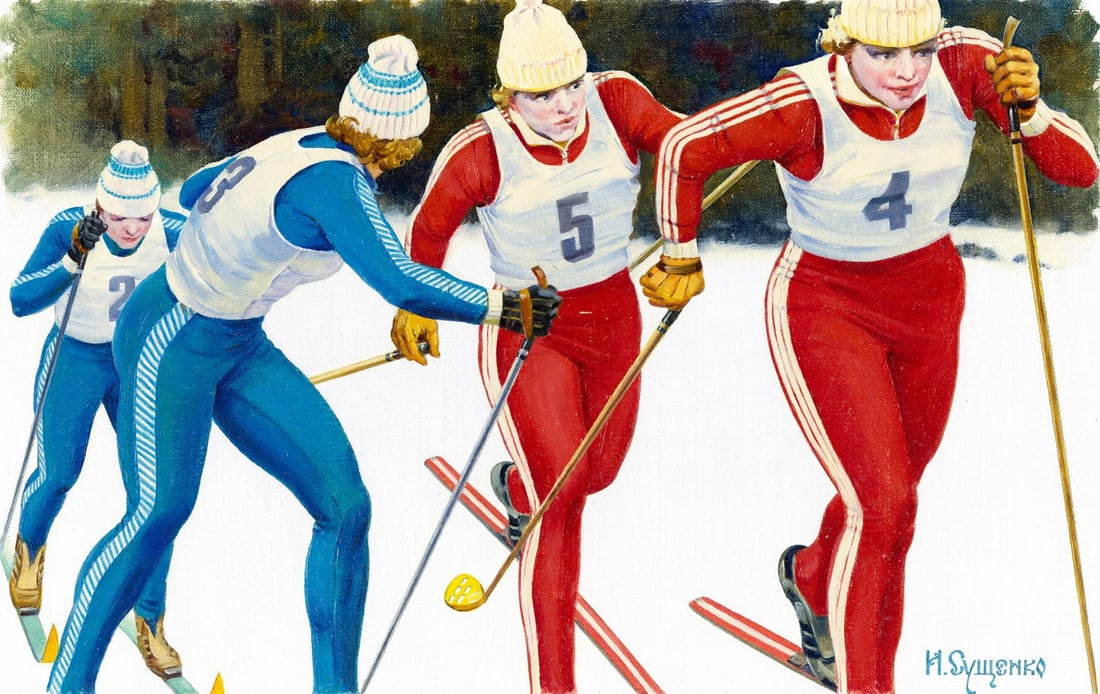 Ivan Suschenko (Russia,1930-?) oil painting: ARTIST: Ivan Akimovich Suschenko (Russian, 1930 - ???) TITLE: Relay, Womens (titled on verso) YEAR: 1991 MEDIUM: oil on canvas. Canvas applied to board. CONDITI