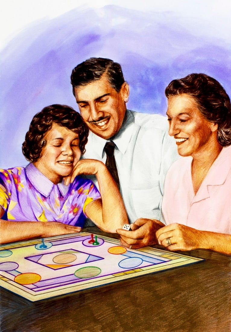 Chris Calle (CT,b 1961) colored pencil painting: ARTIST: Chris Calle (Connecticut, born 1961) TITLE: 1930s - Board Games (titled on verso) YEAR: 1998 MEDIUM: colored pencil on board CONDITION: Overall g