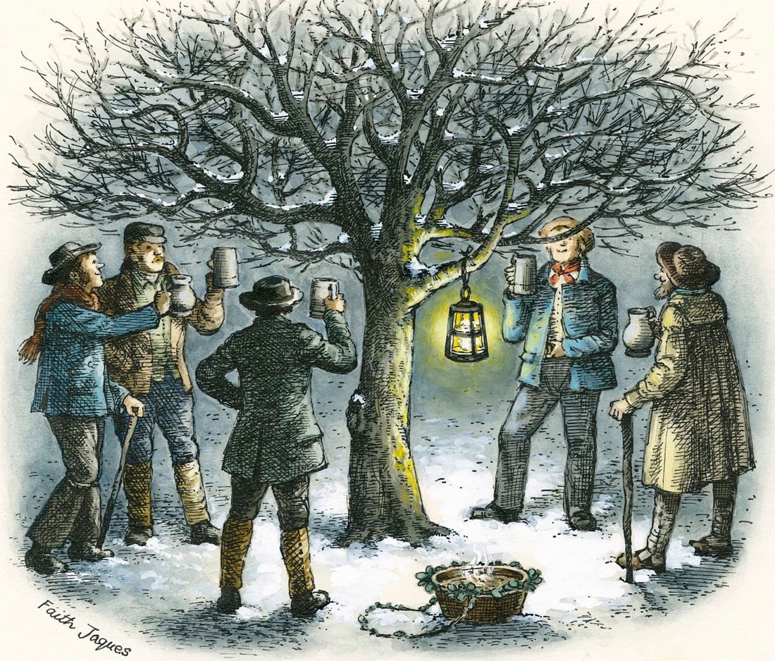 Faith Jaques (UK,1923-1997) watercolor painting: ARTIST: Faith Heather Jaques (United Kingdom, 1923 - 1997) TITLE: Wassail Songs YEAR: 1978 MEDIUM: watercolor on board CONDITION: Very good.