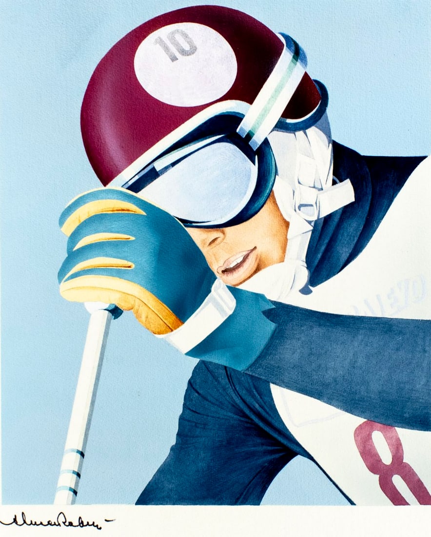 Andreja M Milenkovic (Serbia,1923-2005) gouache painting: ARTIST: Andreja M Milenkovic (Serbian, 1923 - 2005) TITLE: US - Yugoslavia Olymplic Collection, Skier (titled on verso) YEAR: 1983 MEDIUM: gouache on board CON