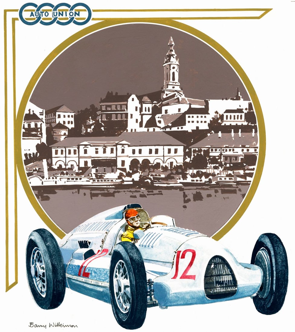 Barry Wilkinson (UK,1923-2007) gouache painting: ARTIST: Barry Wilkinson (United Kingdom, 1923 - 2007) TITLE: Yugoslavia N 1, The Auto Union - Car (titled on verso) YEAR: 1984 MEDIUM: gouache on board CONDITIO