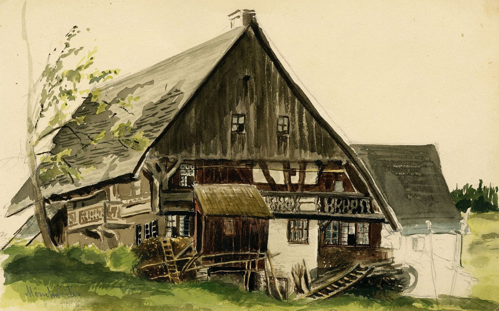 Adolf Kaufmann (Austria,1848-1916) watercolor painting antique: ARTIST: Adolf Kaufmann (Austrian, 1848 - 1916) TITLE: Village Landscape, Monchweiler, Germany MEDIUM: watercolor on paper CONDITION: Minor damages to edges and corners. Mi