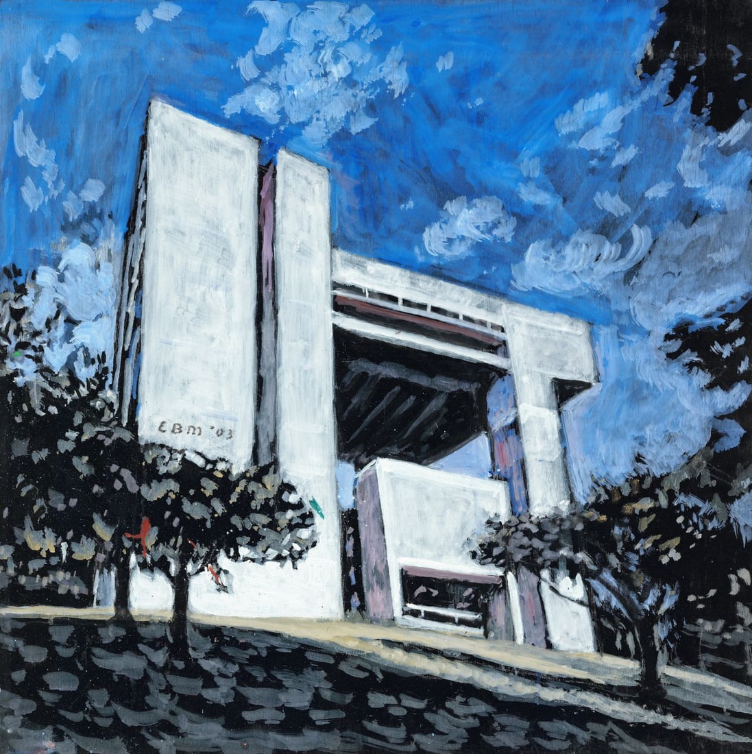 Evelyn Metzger (NY,Brazil,1911-2007) oil painting: ARTIST: Evelyn Borchard Metzger (New York, Brazilian, 1911 - 2007) TITLE: Cityscape YEAR: 2003 MEDIUM: oil on board CONDITION: Overall good. No visible