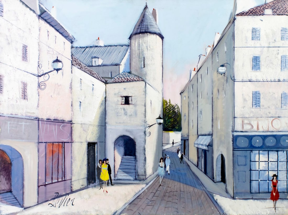 Charles Levier (French,NY,CA,1920-2003) oil painting: ARTIST: Charles Levier (France, New York, California, 1920 - 2003) TITLE: Cityscape MEDIUM: oil on canvas CONDITION: Few minor scratches. No visible inpaint under UV light