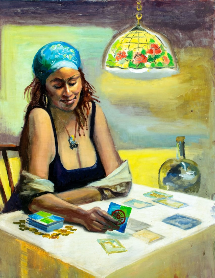John Reilly (NY,NJ,1942-2021) oil painting: ARTIST: John Reilly (New York, New Jersey, 1942 - 2021) TITLE: Fortune Teller MEDIUM: oil on board CONDITION: Some small scratches/paint losses. No visible inpaint under U
