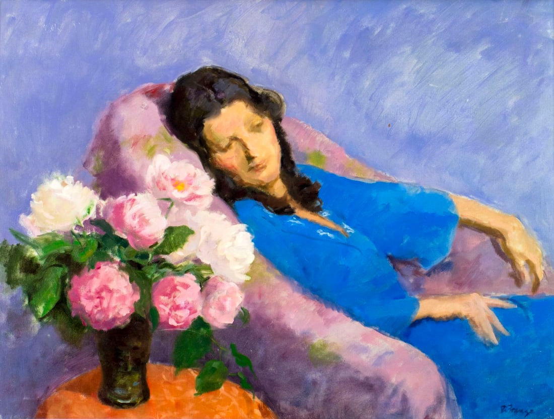 Americo DiFranza (NY,MA,1919-2004) oil painting: ARTIST: Americo M DiFranza (New York, Massachusetts, 1919 - 2004) TITLE: Woman with Peonies MEDIUM: oil on canvas CONDITION: Scratch 3" long in lower left quadrant. No visib