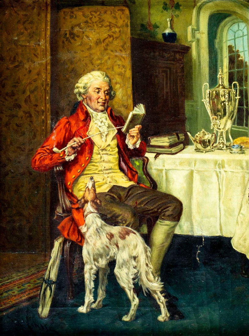 John Mohlte (NY,Sweden,1865-1952) oil painting antique: ARTIST: John Alfred Mohlte (New York, Swedish, 1865 - 1952) TITLE: Gentleman with Dog MEDIUM: oil on canvas CONDITION: One small patch with corresponding paint losses. One