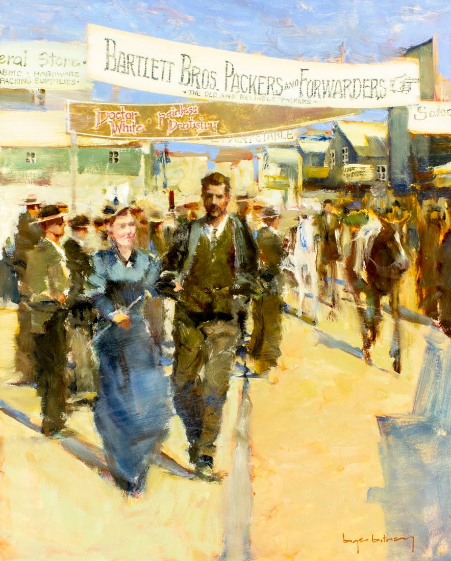 Bye Bitney (MT,b 1960) oil painting: ARTIST: Bye Bitney (Montana, born 1960) TITLE: Bartlett Bros Packers and Forwarders MEDIUM: oil on board CONDITION: Minor damages to the corners. Few minor paint losses. No