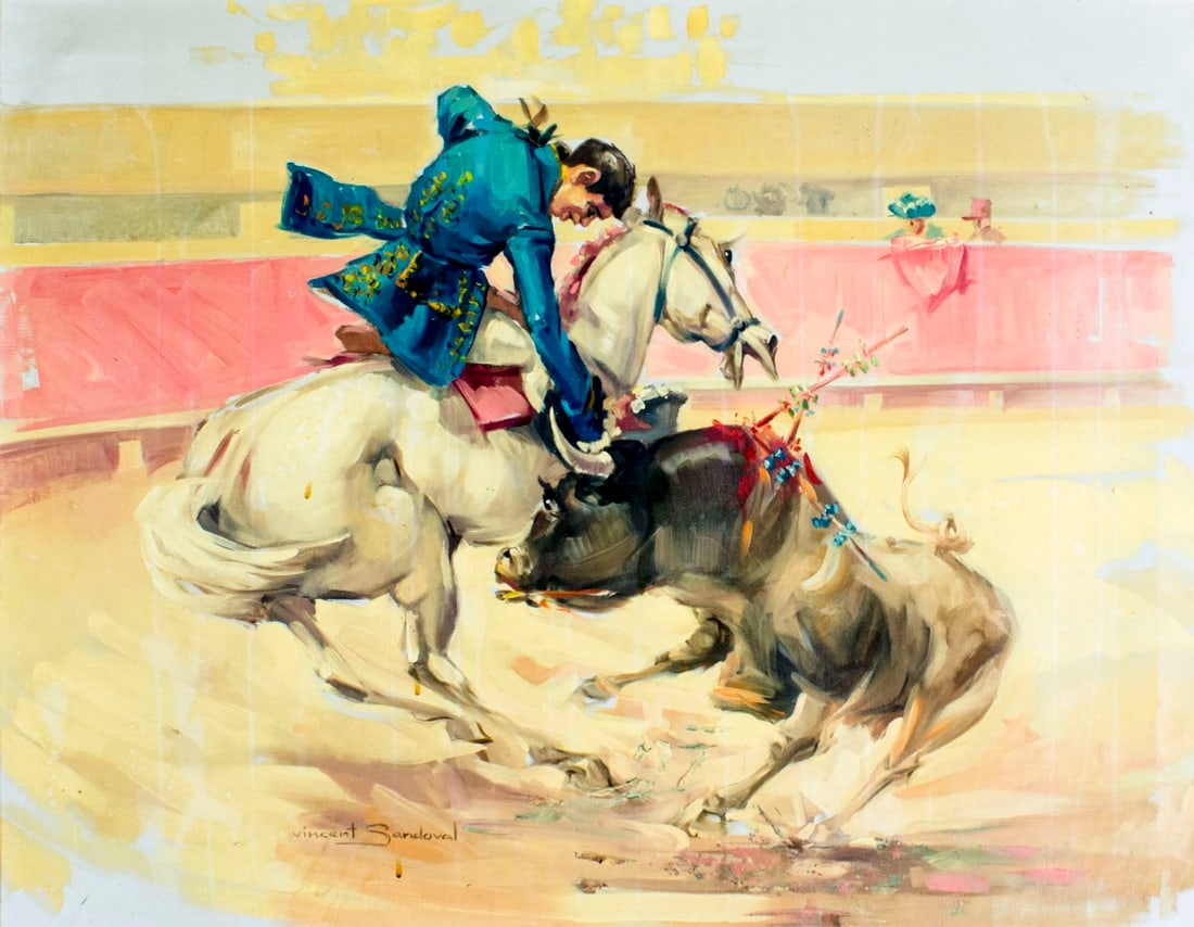 Vincent Sandoval (Spain,20C) oil painting: ARTIST: Vincent Sandoval (Spanish, 20 century) NAME: Matador MEDIUM: oil on canvas CONDITION: Canvas is loose. No visible inpaint under UV light. SIGHT SIZE: 28 x 36 inches / 71 x 91 cm