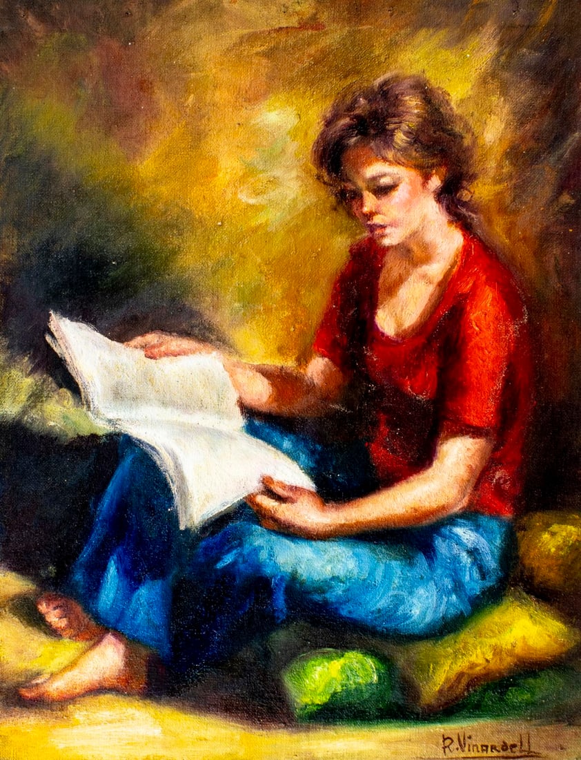 Roser Vinardell (Spain,1941-?) oil painting: ARTIST: Roser Vinardell (Spanish, 1941 - ???) TITLE: Woman Reading Newspaper MEDIUM: oil on canvas CONDITION: Unstretched (In-House stretching available). Few minor paint