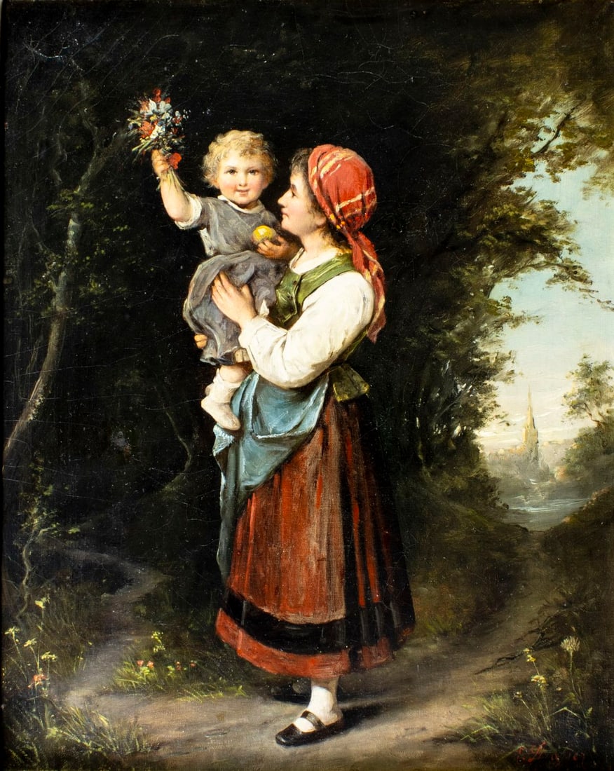 Antique 19C German oil painting signed (1 of 14)