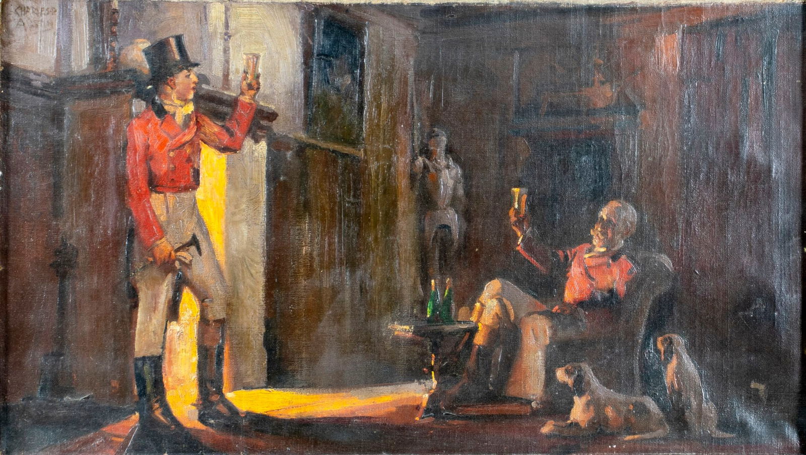 Charles Austin (CA,CO,1883-1948) oil painting antique: ARTIST: Charles Percy Austin (California, Colorado, 1883 - 1948) TITLE: After the Hunt MEDIUM: oil on canvas CONDITION: Relined. Few very minor paint losses. Some craquelu