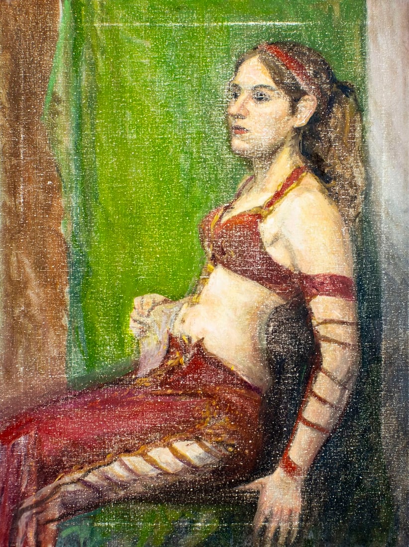 Nathaniel K Gibbs (MD,1948-2018) oil painting: ARTIST: Nathaniel Kato Gibbs (Maryland, 1948 - 2018) TITLE: Dancer Resting MEDIUM: oil on canvas CONDITION: Some paint losses (see pictures carefully). No visible inpaint u