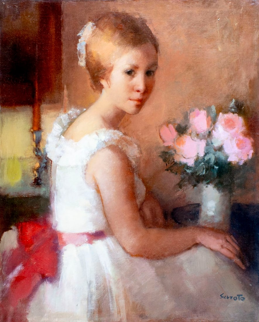 Ruggero Serrato (Italy,1898-?) oil painting: ARTIST: Ruggero Serrato (Italian, 1898 - ???) TITLE: Girl with Rose Bouquet MEDIUM: oil on canvas CONDITION: Unstretched (In-House stretching available). Few small paint l
