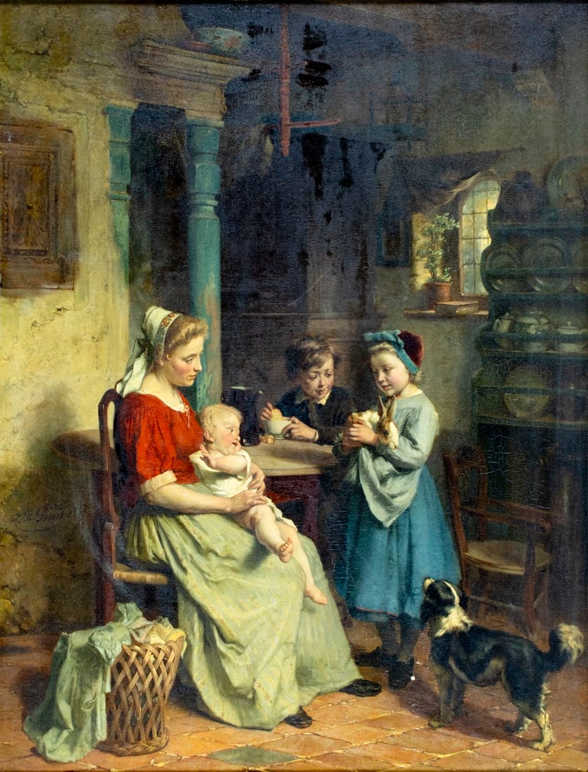 Theodore Gerard (Belgium,France,1829-1895) oil painting antique: ARTIST: Theodore Gerard (Belgian, French, 1829 - 1895) TITLE: Mother and Children YEAR: 1867 MEDIUM: oil on board CONDITION: Few small paint losses. Mi