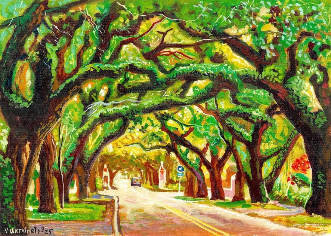 Valentin Ukrainets (Ukraine,b 1965) oil painting: ARTIST: Valentin Ukrainets (Ukrainian, born 1965) TITLE: Coral Gables Cityscape, FL (titled on verso) MEDIUM: oil on canvas CONDITION: Very good. No visible inpaint under UV