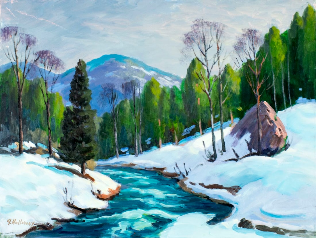 George Holloway (NJ,20C) oil painting: ARTIST: George Holloway (New Jersey, 20 century) NAME: Winter River Landscape MEDIUM: oil on canvas CONDITION: Some scratches in upper left corner. No visible inpaint under UV light. SIGH