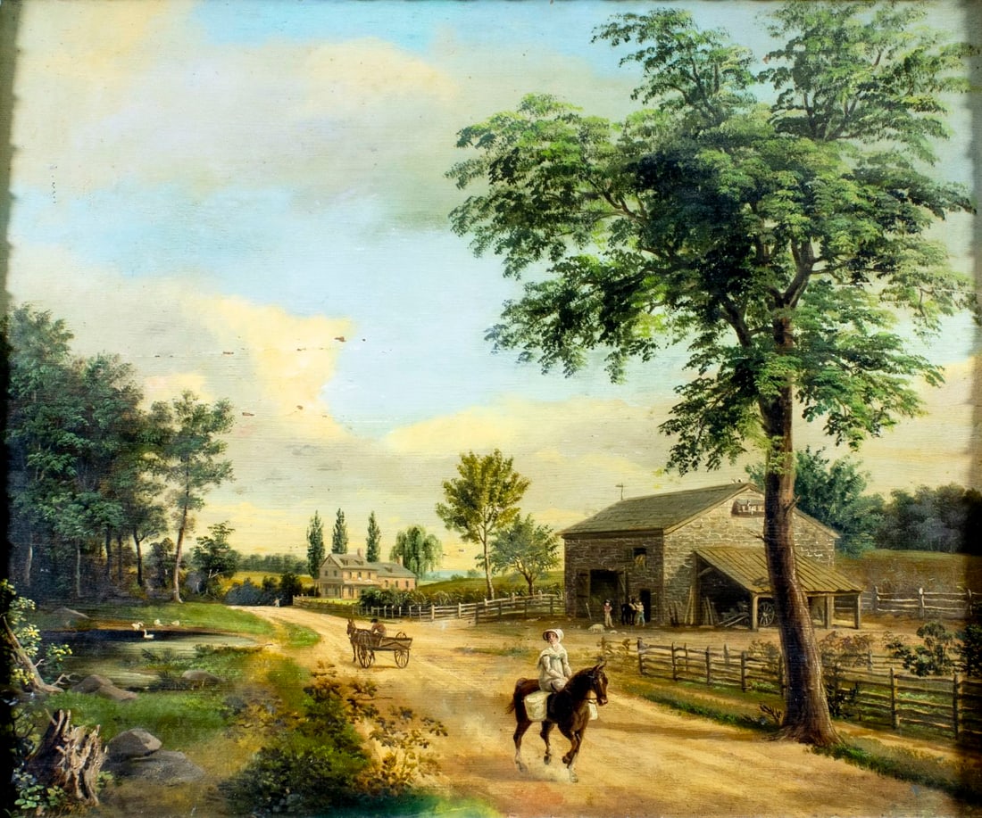 Antique 19C American oil painting: ARTIST: - (American, 19 century) TITLE: Village Landscape MEDIUM: oil on board CONDITION: Some flaking/paint losses (see pictures carefully). Some craquelure. Some scatter
