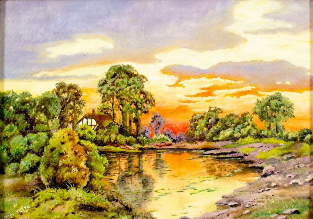 Hope Vette (Europe,20C) oil painting: ARTIST: Hope Vette (European, 20 century) TITLE: Sunset Pond Landscape MEDIUM: oil on canvas. Canvas applied to board. CONDITION: Very good. No visible inpaint under UV ligh