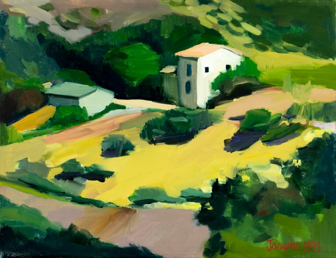 Alison Josephs Difranza (US,20C) oil painting: ARTIST: Alison Josephs Difranza (American, 20 century) TITLE: Landscape with Houses YEAR: 1993 MEDIUM: oil on canvas CONDITION: Overall good. No visible