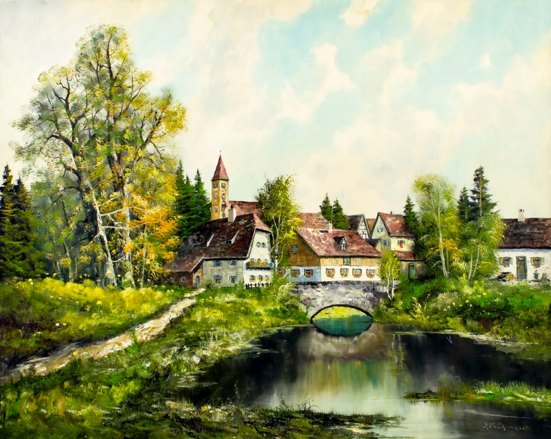 Joseph Fruhmesser (Austria,Germany,1928-1995) oil painting: ARTIST: Joseph Josef Fruhmesser (Austrian, German, 1928 - 1995) TITLE: Autumn Town Scene MEDIUM: oil on canvas CONDITION: Unstretched (In-House stretching available). Few