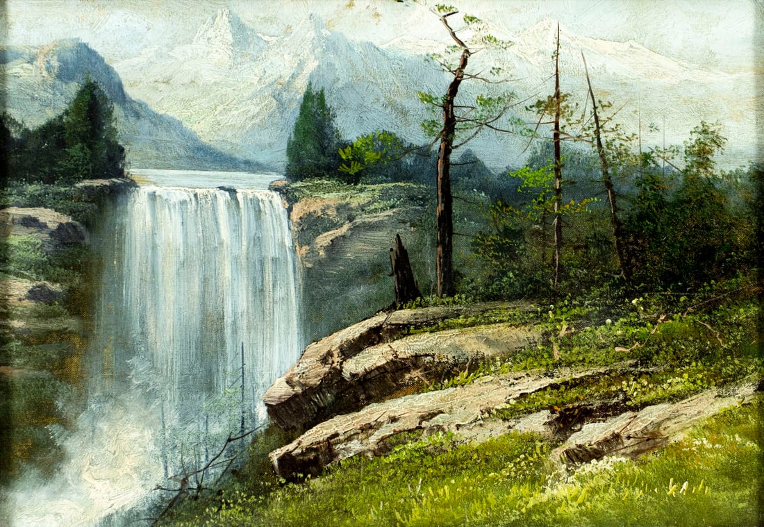 Antique early 20C American oil painting: ARTIST: - (American, early 20 century) TITLE: Waterfall Landscape MEDIUM: oil on canvas CONDITION: Two patch repaired tears with corresponding paint losses. No visible inp