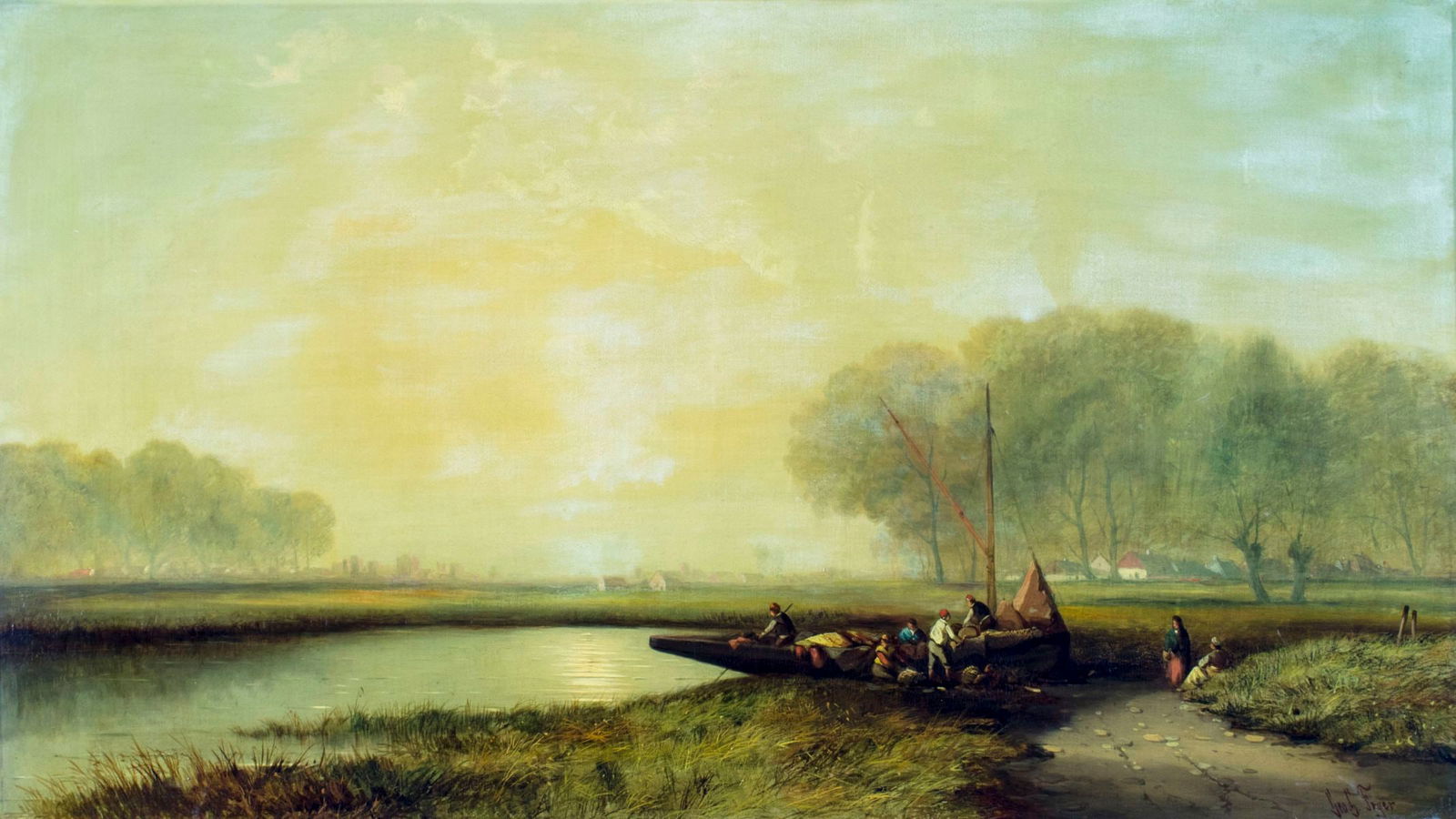 George G Fryer (UK,19C) oil painting antique: ARTIST: George G Fryer (British, 19 century) TITLE: Lake Landscape with Fishing Boat MEDIUM: oil on canvas CONDITION: Relined. Very minor craquelure. Missing a few flakes of