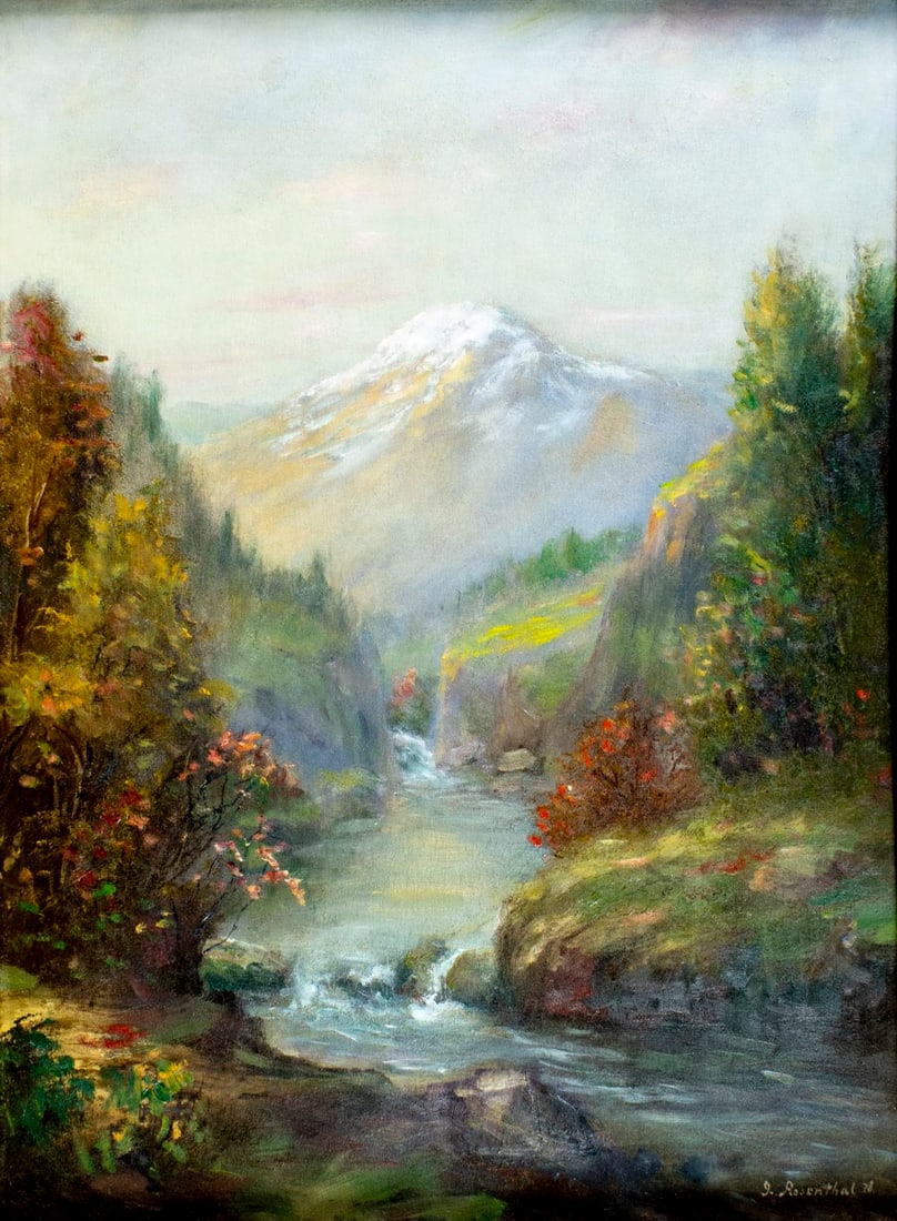 Rosenthal (US,19C) oil painting antique: ARTIST: Rosenthal (American, 19 century) TITLE: Mountain Stream Landscape YEAR: 1878 MEDIUM: oil on canvas CONDITION: Some repaired tears. Minor paint lo