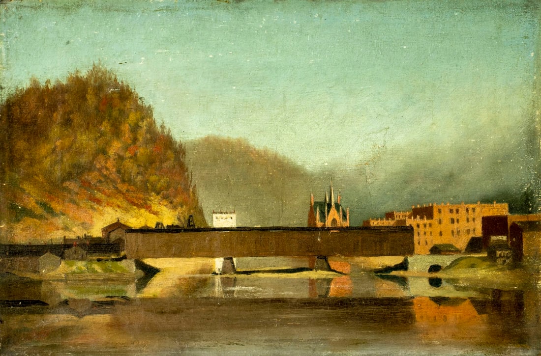 Antique early 20C European oil painting: ARTIST: - (Europe, early 20 century) TITLE: Bridge Landscape MEDIUM: oil on canvas CONDITION: Two patches. Some scratches/paint losses. Some craquelure. No visible inpaint