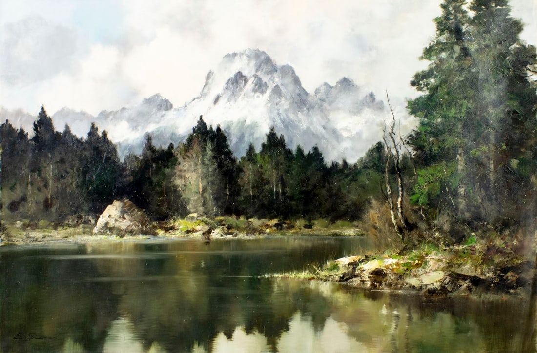 Erich Griese (German,1912-?) oil painting: ARTIST: Erich Griese (Germany, 1912 - ???) TITLE: Alpine Lake Landscape MEDIUM: oil on canvas CONDITION: Unstretched (In-House stretching available). Minor paint losses.