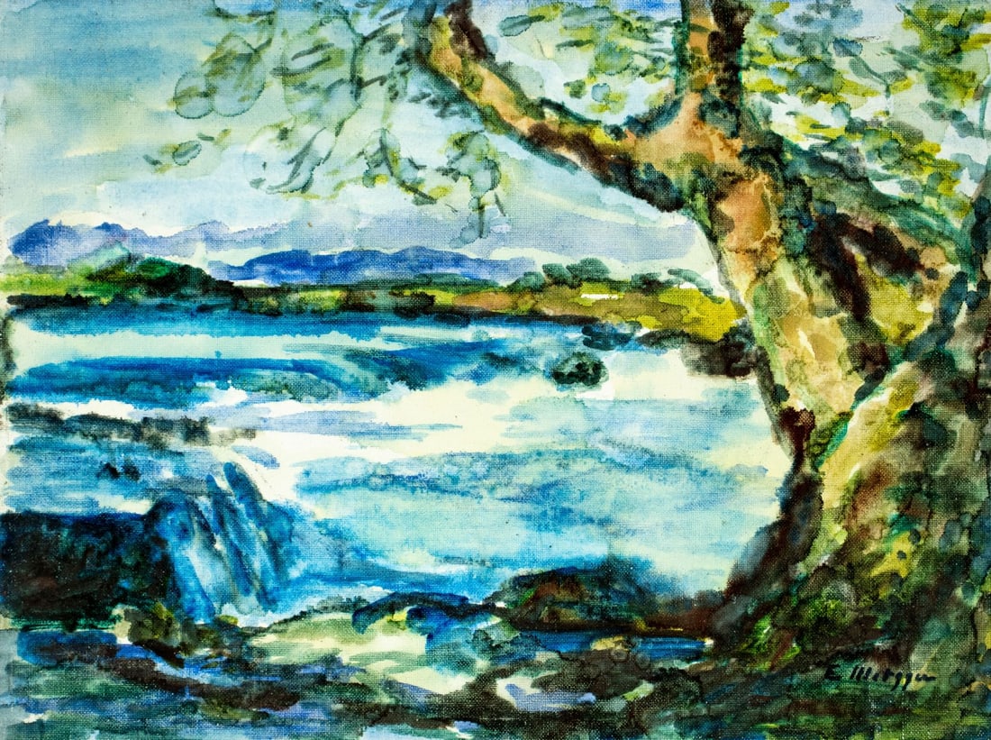 Evelyn Metzger (NY,Brazil,1911-2007) oil painting: ARTIST: Evelyn Borchard Metzger (New York, Brazilian, 1911 - 2007) TITLE: Landscape with Waterfall (titled on verso) MEDIUM: oil on canvas board CONDITION: Overall good. N