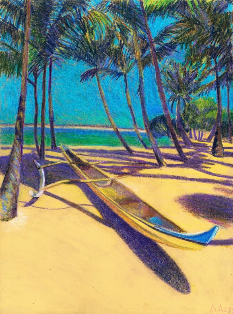Andrey Lopatin (Ukraine,20/21C) pastel painting: ARTIST: Andrey Lopatin (Ukrainian, 20/21 centuries) TITLE: Tropical Coastal Landscape with Boat MEDIUM: pastel on heavy paper CONDITION: Few minor scratches/paint losses