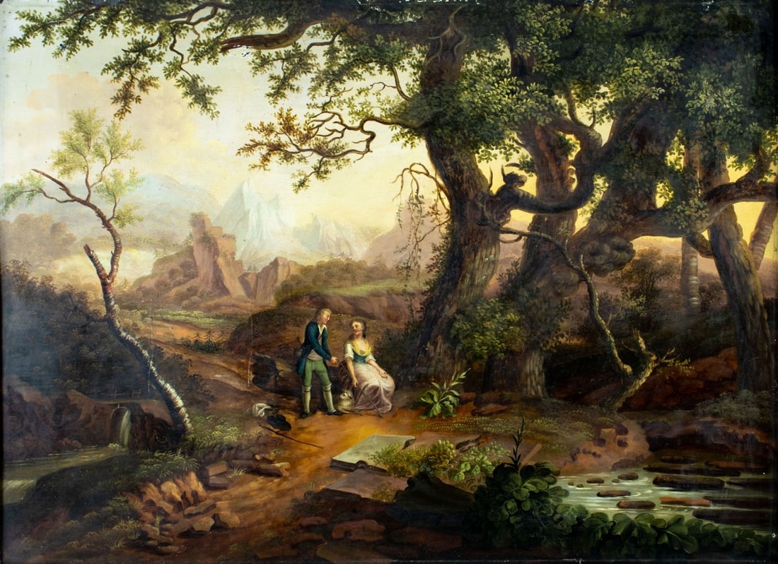 Antique early 20C European oil painting: ARTIST: - (Europe, early 20 century) TITLE: Mountain Landscape with Couple MEDIUM: oil on metal CONDITION: Some scratches/paint losses mostly along edges. Very minor craqu