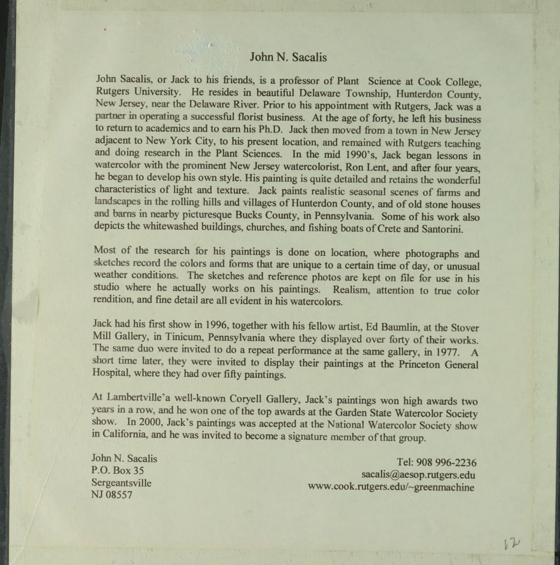 John Nicholas Sacalis (NJ,20/21C) watercolor painting - 13