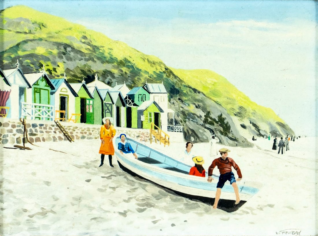 Wing Howard (PA,1921-1998) oil painting: ARTIST: Wing Howard (Pennsylvania, 1921 - 1998) TITLE: Coastal Landscape with Boat MEDIUM: oil on board CONDITION: Few minor scratches/paint losses. No visible inpaint und