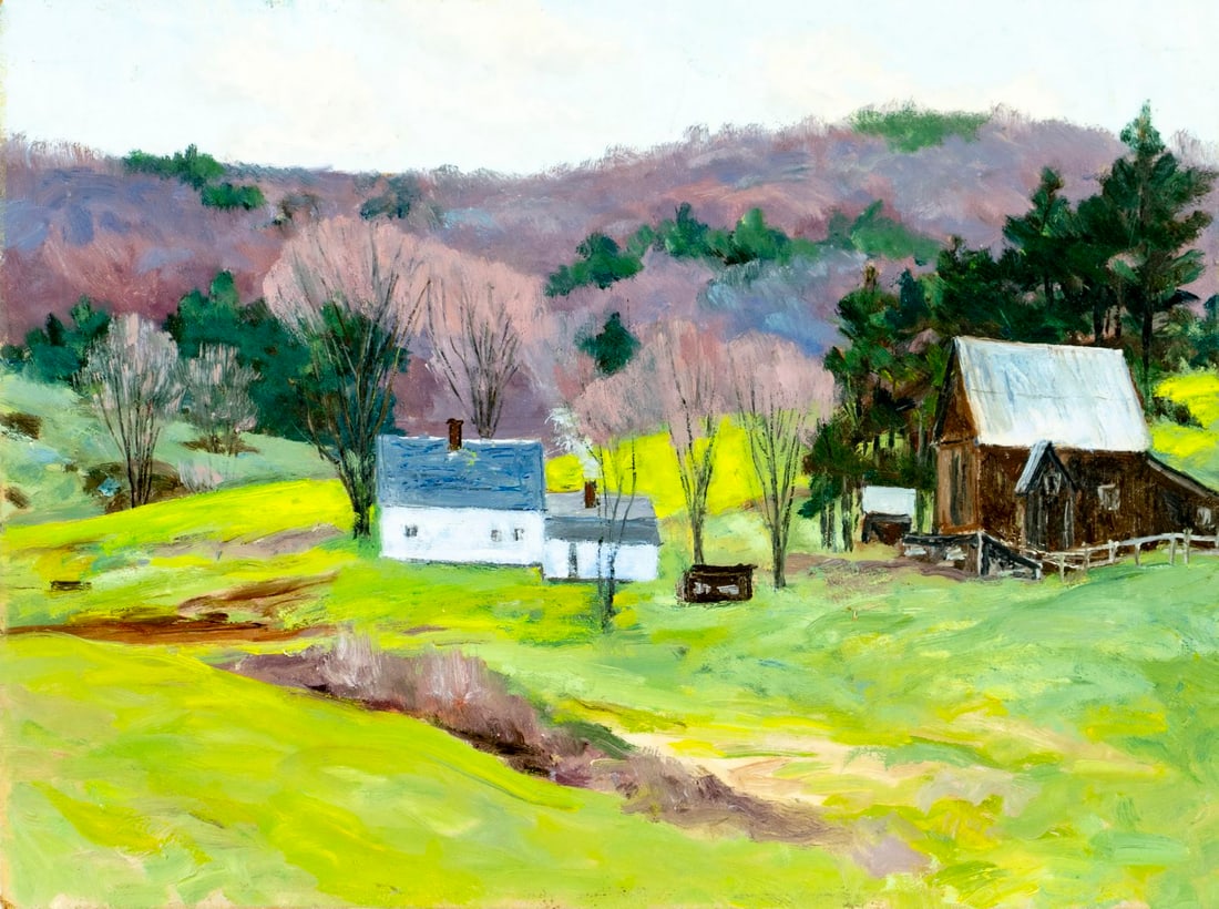 William F Hefferman (MA,1915-2006) oil painting: ARTIST: William F Hefferman (Massachusetts, 1915 - 2006) TITLE: Hilly Landscape with Houses MEDIUM: oil on board CONDITION: Minor damage to the lower left corner. Some sma