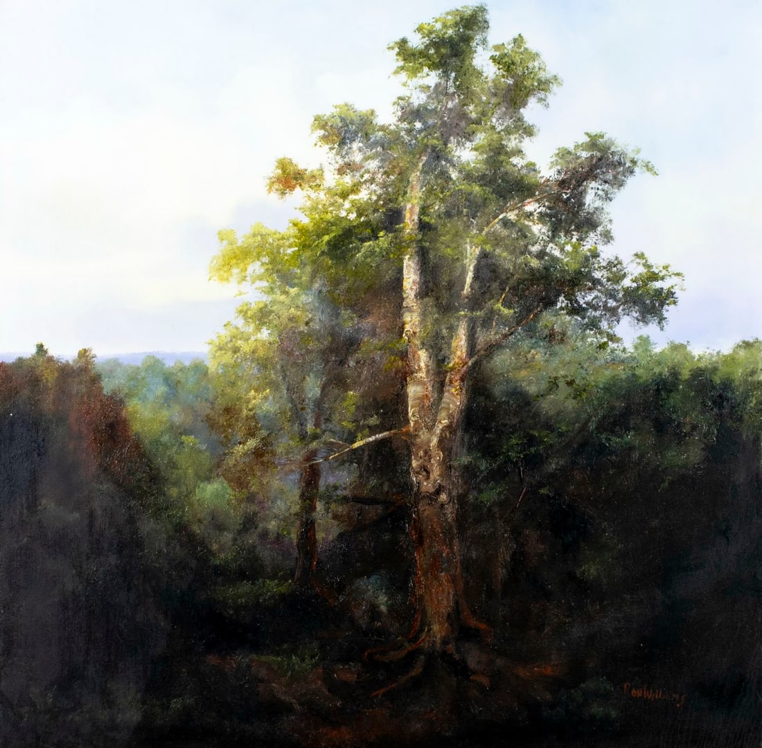 Ron Williams (TN,1947-2016) oil painting: ARTIST: Ron Williams (Tennessee, 1947 - 2016) TITLE: Forest Landscape MEDIUM: oil on canvas CONDITION: Missing a few flakes of paint. No visible inpaint under UV light. No