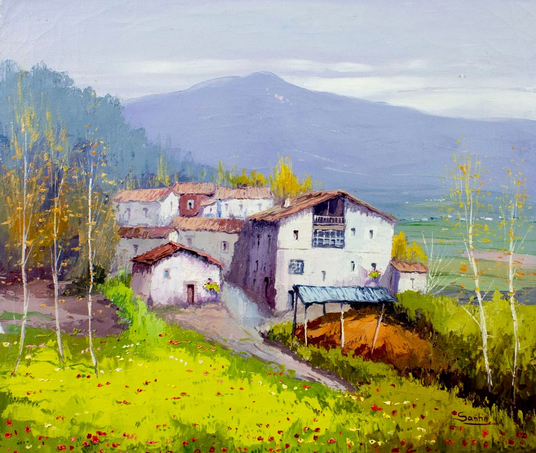 L Santin (Europe,20C) oil painting: ARTIST: L Santin (European, 20 century) TITLE: Moutain Village Landscape MEDIUM: oil on canvas CONDITION: Unstretched (In-House stretching available). Missing a few flakes o